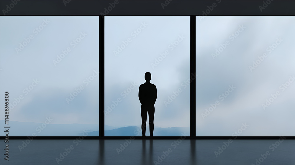 An abstract figure of a person standing in front of a large window with a view, symbolizing peaceful moments. Peaceful view minimalist. An abstract figure of a person standing in front of a large window with a view, symbolizing peaceful moments. Peaceful view minimalist.