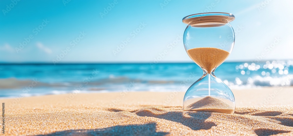 An hourglass on a sandy beach with ocean waves in the background. An hourglass on a sandy beach with ocean waves in the background.