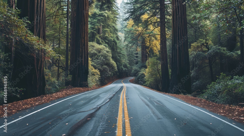 Obraz premium Open space above a winding road bordered by majestic redwood trees during a road trip
