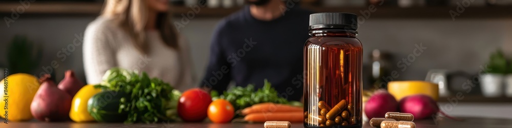Vegetables and diet pills on the table in the kitchen. Selective focus Vegetables and diet pills on the table in the kitchen. Selective focus