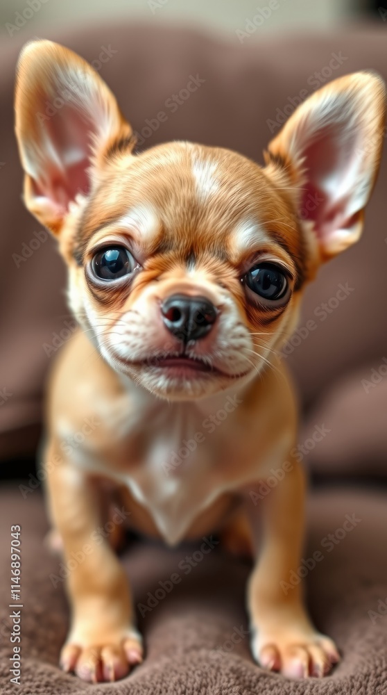 A tiny chihuahua puppy displays its charm with large, expressive eyes and perked ears, sitting on a soft surface, inviting attention and affection A tiny chihuahua puppy displays its charm with large, expressive eyes and perked ears, sitting on a soft surface, inviting attention and affection
