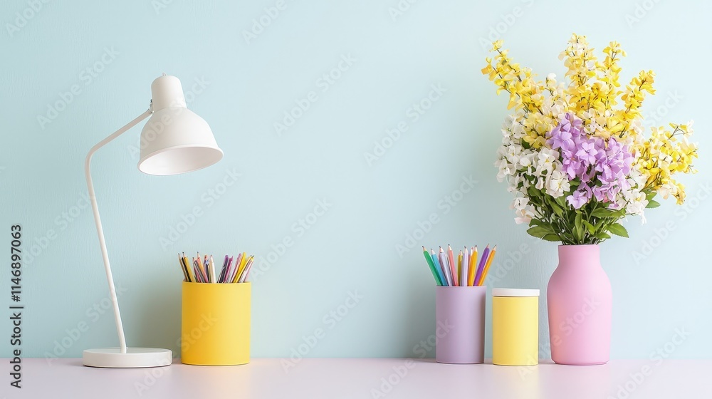 Pastel desk with lamp, flowers, and colored pencils. Pastel desk with lamp, flowers, and colored pencils.
