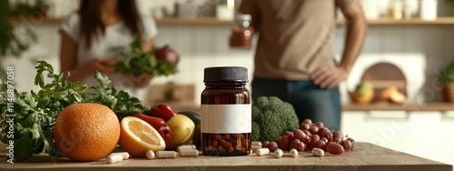 Vegetables and diet pills on the table in the kitchen. Selective focus