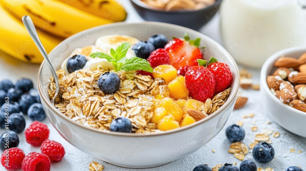 Fresh and Healthy Breakfast Bowl with Oats, Fruits, and Nuts Featuring Blueberries, Strawberries, Bananas, and Mint on a Bright Table Setting Fresh and Healthy Breakfast Bowl with Oats, Fruits, and Nuts Featuring Blueberries, Strawberries, Bananas, and Mint on a Bright Table Setting
