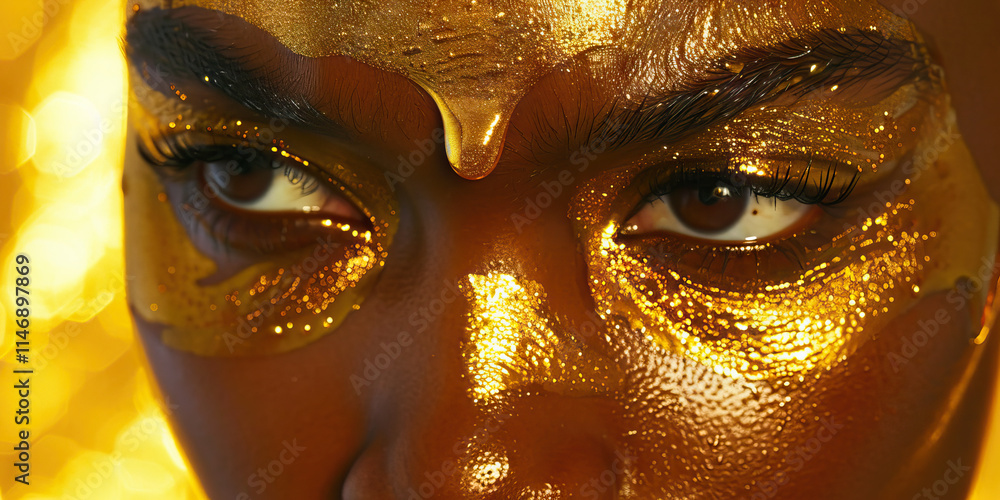 Close-up of Face with Gold Makeup Application Close-up of Face with Gold Makeup Application