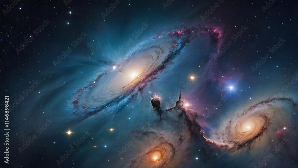 Colorful nebula and spiral galaxy showing celestial beauty Colorful nebula and spiral galaxy showing celestial beauty