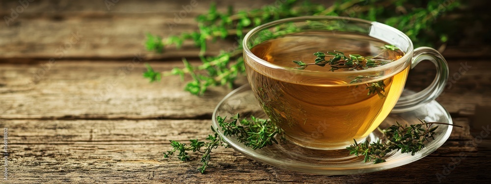 Cup of tea with thyme. Selective focus Cup of tea with thyme. Selective focus