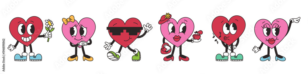 Fototapeta premium Groovy lovely hearts set. Love concept. Happy Valentines Day. Cheerful happy heart character in trendy retro style. Vector illustration