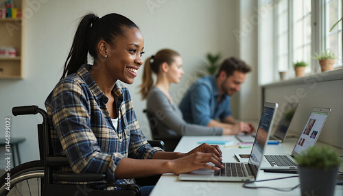 Wallpaper Mural A young African American woman with a sleek ponytail wearing a casual flannel shirt in a wheelchair working on a laptop in office Torontodigital.ca