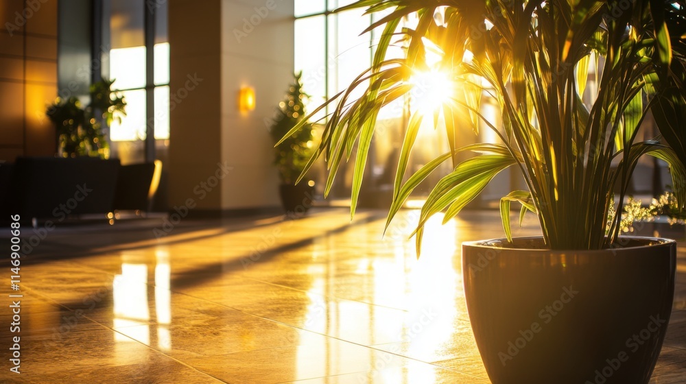 Sunlit Indoor Plant in Modern Office Lobby with Warm Reflections on Polished Floors, Creating a Calm and Inviting Atmosphere for Visitors and Employees Sunlit Indoor Plant in Modern Office Lobby with Warm Reflections on Polished Floors, Creating a Calm and Inviting Atmosphere for Visitors and Employees