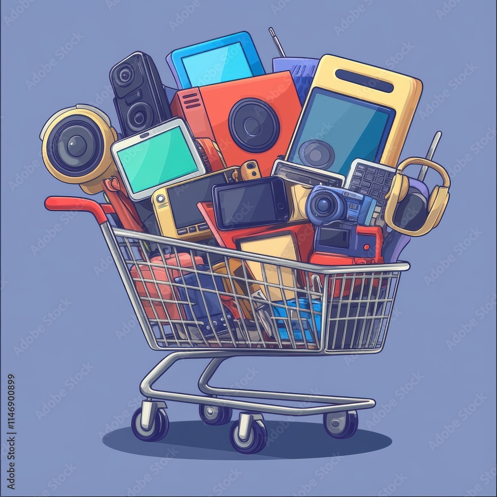 Shopping cart full of electronic gadget.