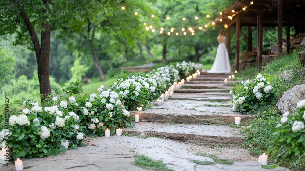 Bride in white gown stands at garden path decorated with white flowers and candles. Bride in white gown stands at garden path decorated with white flowers and candles.