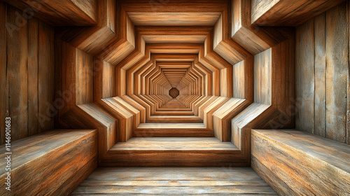 Fototapeta Naklejka Na Ścianę i Meble -  Wooden tunnel with octagonal shapes receding into the distance.