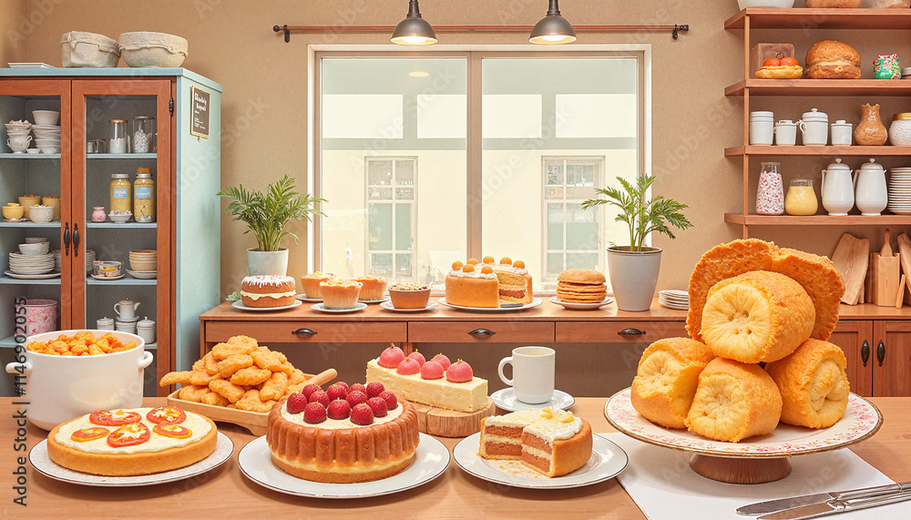 Delicious assortment of baked goods displayed on a wooden table in a bright and inviting kitchen Delicious assortment of baked goods displayed on a wooden table in a bright and inviting kitchen