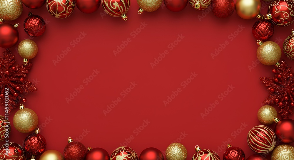 Red Christmas card with ornaments frame Red Christmas card with ornaments frame