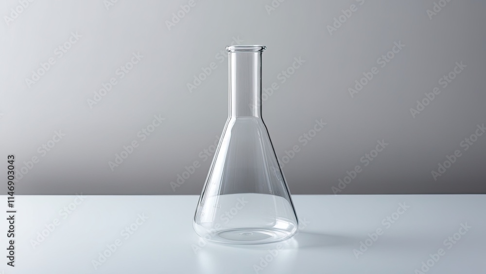 An empty, transparent lab flask set against a white background An empty, transparent lab flask set against a white background