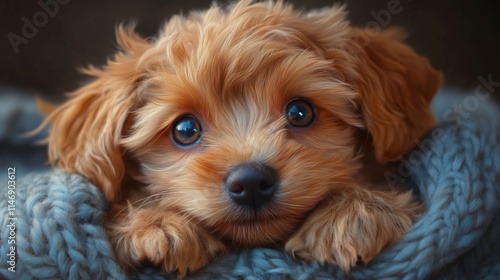 Adorable Fluffy Puppy Enjoys Cozy Blanket Comforting Space