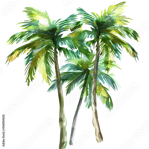 A watercolor vector of a cluster of tropical coconut palms, isolated on a white background. Tropical coconut palms vector.
