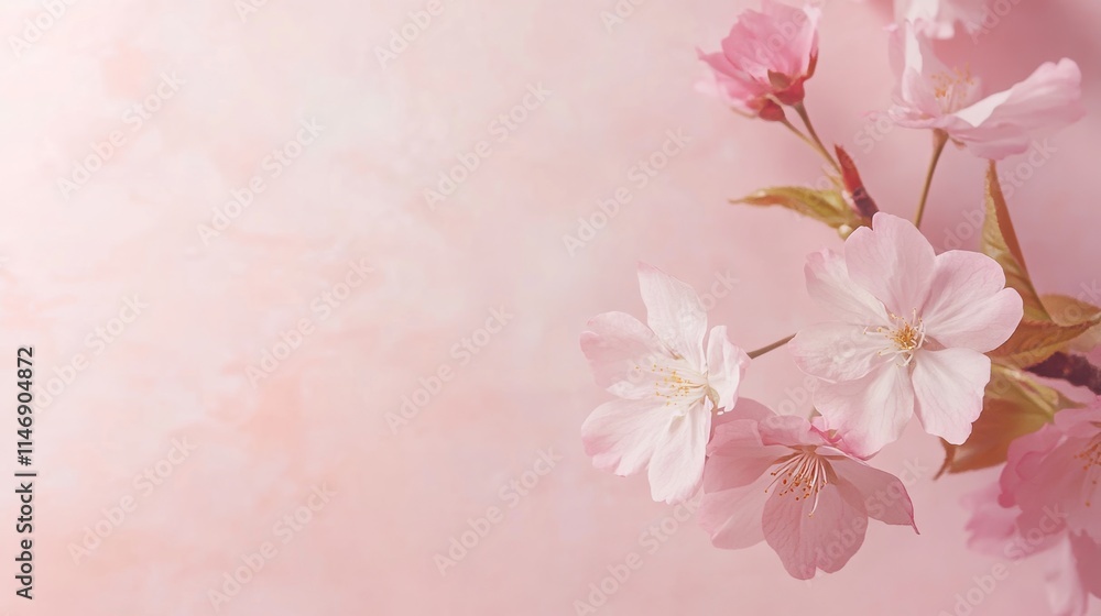 Fototapeta premium Pink cherry blossoms on a soft blush pink background, close-up shot, Minimalist style