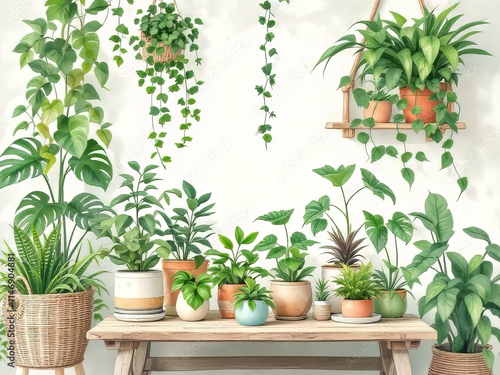 Fototapeta premium Watercolor home decor featuring indoor plants.