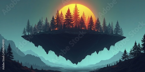 Illustration of Surreal floating island with a glowing forest against a vibrant sunset sky, evoking a tranquil and mystical atmosphere

