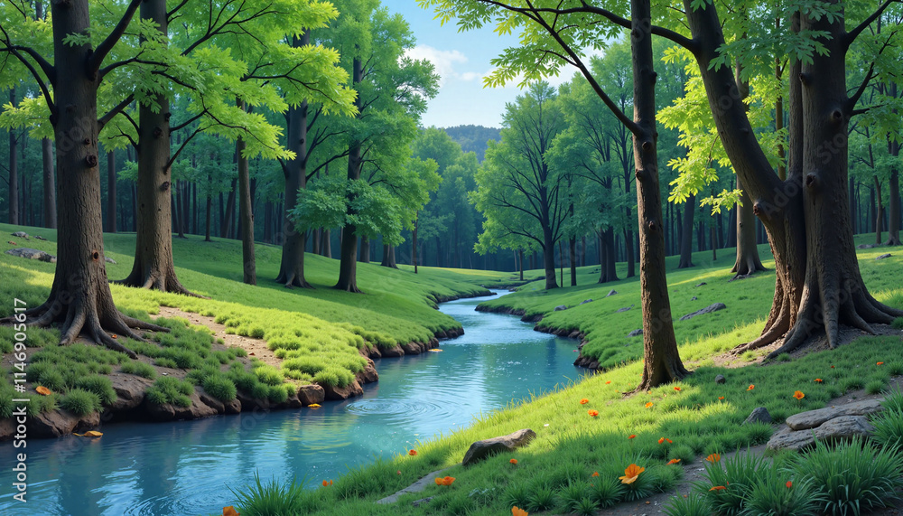 Tranquil forest landscape with a winding river and lush greenery in springtime Tranquil forest landscape with a winding river and lush greenery in springtime