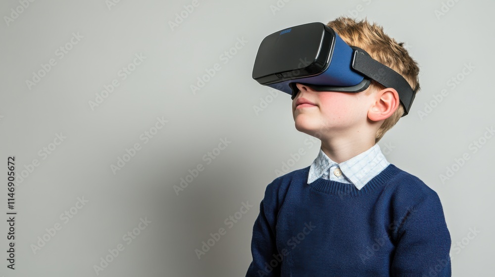 Young boy wearing virtual reality headset, engaged in immersive digital experience, exploring modern technology and its impact on learning and entertainment. Young boy wearing virtual reality headset, engaged in immersive digital experience, exploring modern technology and its impact on learning and entertainment.