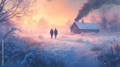 Couple walking towards snowy cabin at sunset.