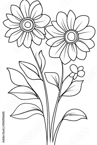 Wallpaper Mural Line art drawing of two blooming daisies with leaves and stems. Torontodigital.ca