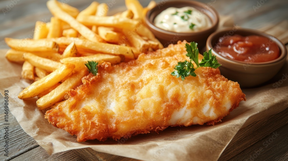 Crispy fried fish fillet with golden french fries and dipping sauces. Crispy fried fish fillet with golden french fries and dipping sauces.