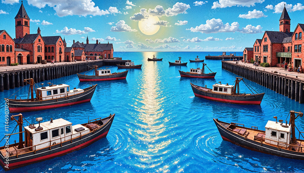 Obraz premium Boats anchored in a colorful harbor under a vibrant sky at sunset