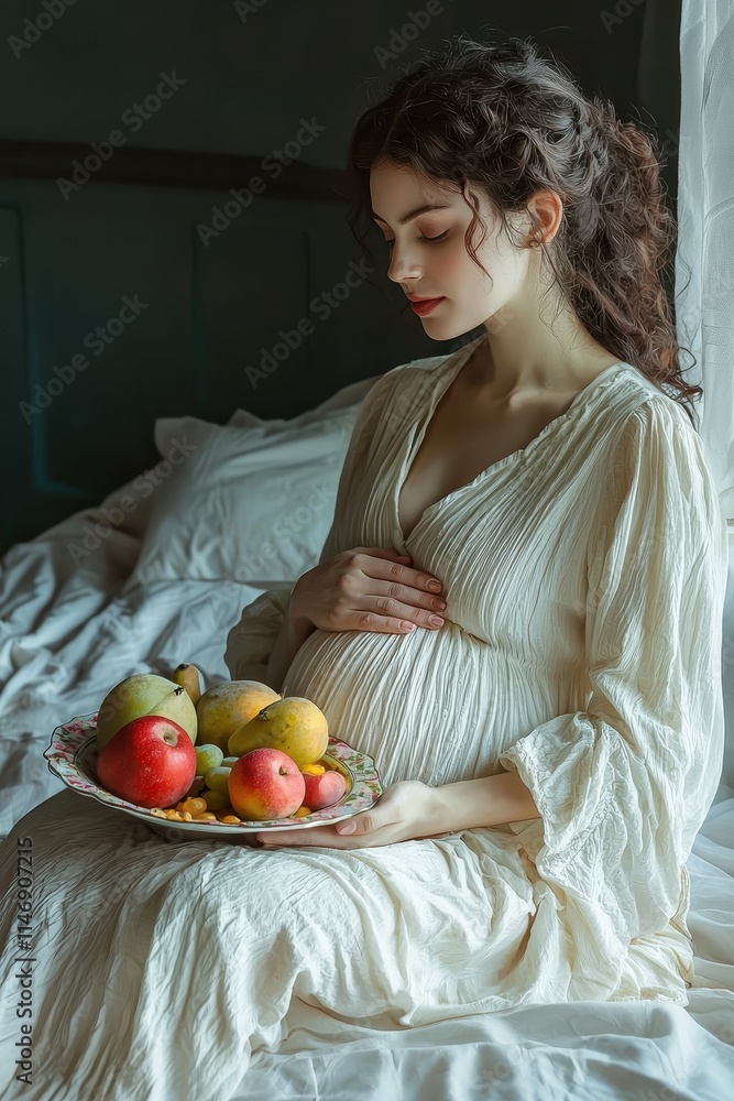 Pregnant woman holding a bowl of fruit. Selective focus Pregnant woman holding a bowl of fruit. Selective focus