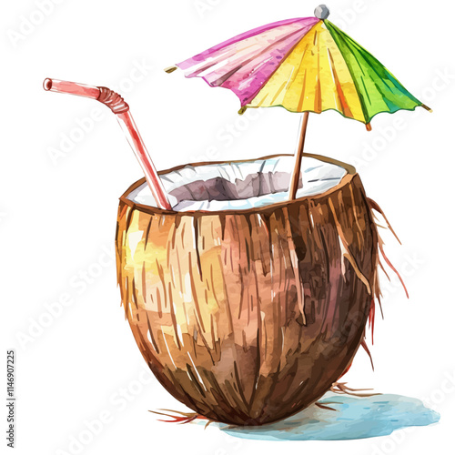 A watercolor vector of a cold coconut drink with a straw and an umbrella, isolated on a white background. Coconut drink umbrella vector.
