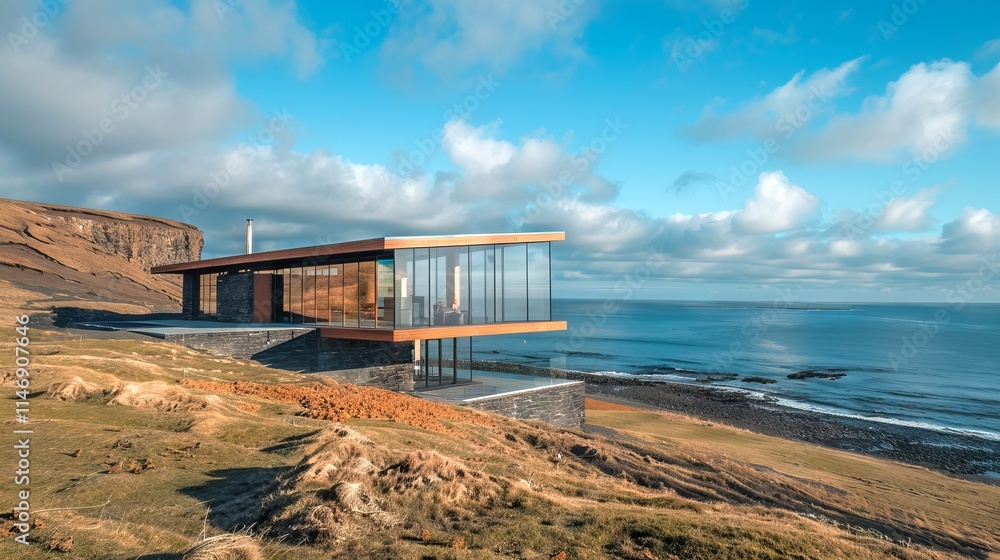 Modern Glass House Overlooking Ocean on a Sunny Day in Coastal Landscape. Concept of Luxurious Architecture, Scenic Views, Tranquility, and Contemporary Design Modern Glass House Overlooking Ocean on a Sunny Day in Coastal Landscape. Concept of Luxurious Architecture, Scenic Views, Tranquility, and Contemporary Design