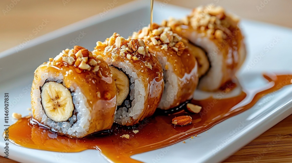 A banana sushi roll made with peanut butter, rolled in crushed nuts and drizzled with honey A banana sushi roll made with peanut butter, rolled in crushed nuts and drizzled with honey