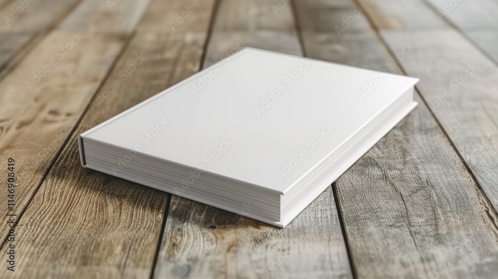 Blank White Book on Rustic Wooden Surface Blank White Book on Rustic Wooden Surface