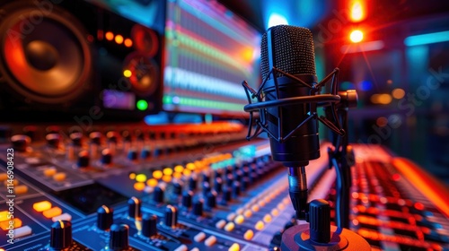 Studio Recording Session: Microphone and Mixing Console