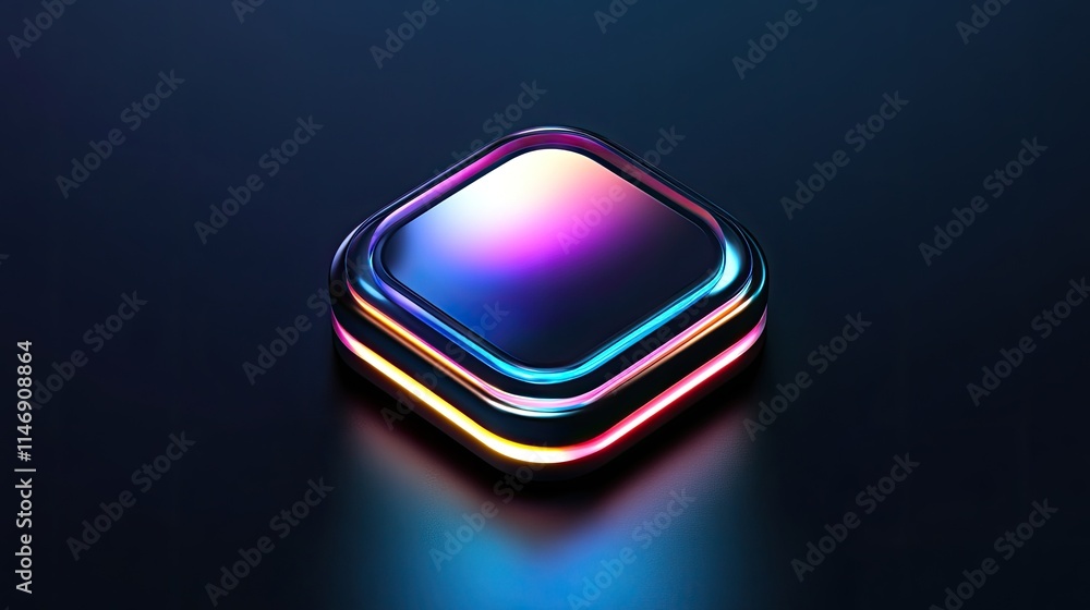 Neon iridescent square button on dark background.