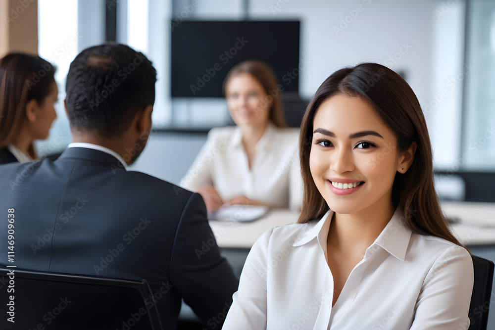 Young asian businesswoman smiling during a meeting with colleagues in the office Young asian businesswoman smiling during a meeting with colleagues in the office