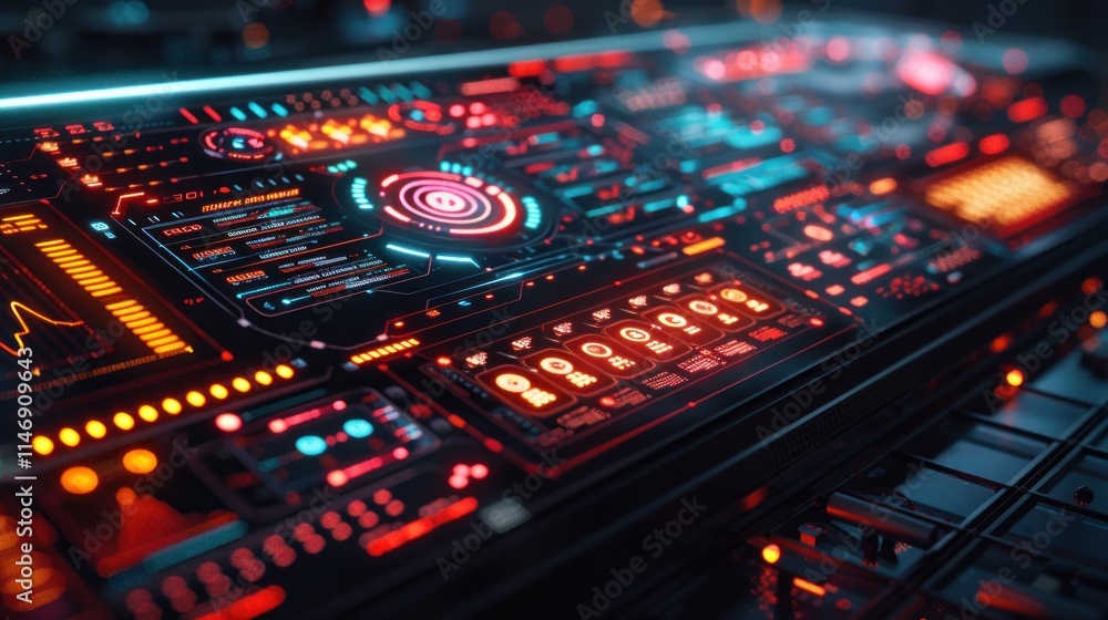 Obraz premium Futuristic Control Panel: A high-tech interface with glowing neon lights, complex data visualizations, and advanced technological elements.