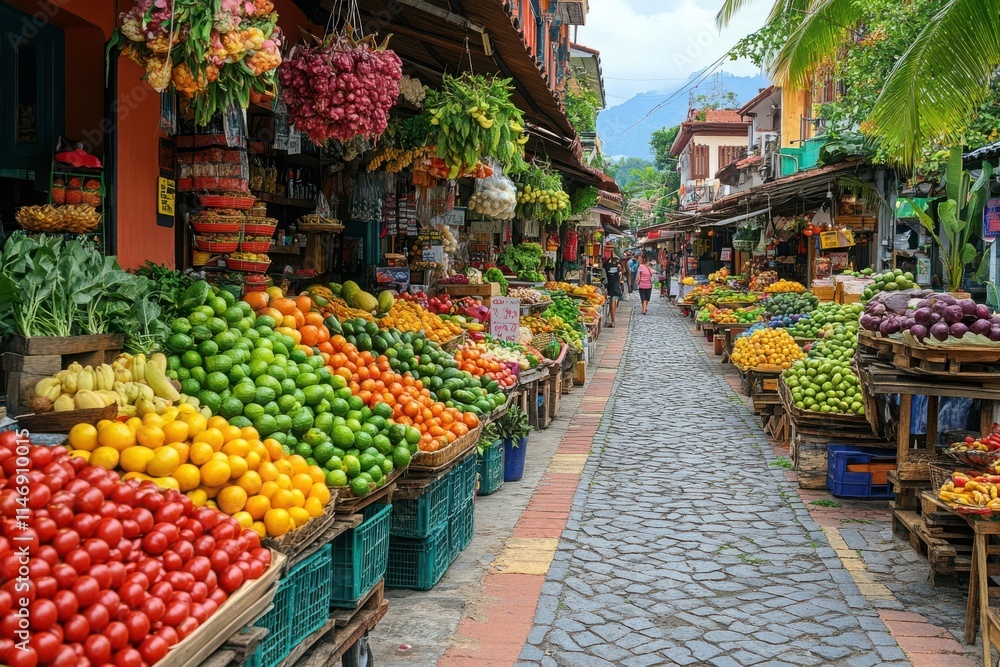 Obraz premium Vibrant Market Full of Fresh Fruits and Vegetables