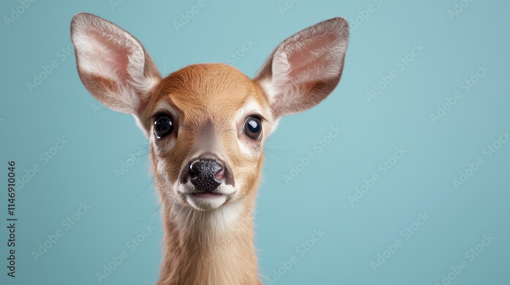 A close up of a fawn's face on a blue background A close up of a fawn's face on a blue background