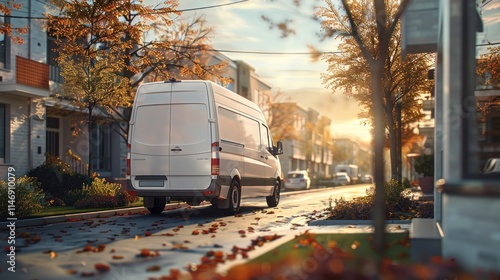 White delivery van driving down a quiet, tree-lined suburban street in autumn, leaves scattered on the road, warm sunset glow