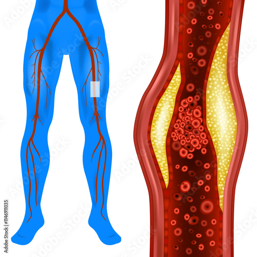 Atherosclerosis in Leg Artery Illustration. Leg Artery Blockage Medical Illustration. Atherosclerosis Process Visualization. Blood Flow Obstruction in Artery