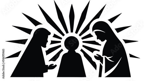 Nativity Scene with a Bright Star,silhouette of the nativity scene, featuring Mary, Joseph, and baby Jesus in the manger