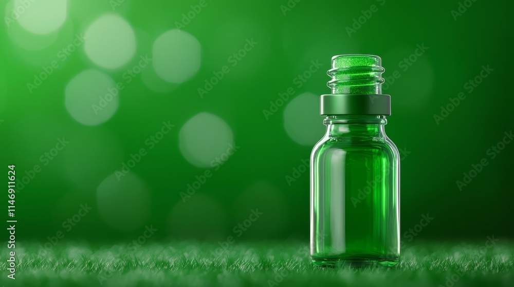 A green glass bottle sitting on top of a lush green field A green glass bottle sitting on top of a lush green field