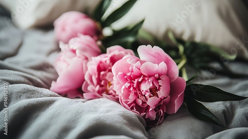Fototapeta Naklejka Na Ścianę i Meble -  Pink peonies on a soft velvet cushion, close-up shot, Minimalist style