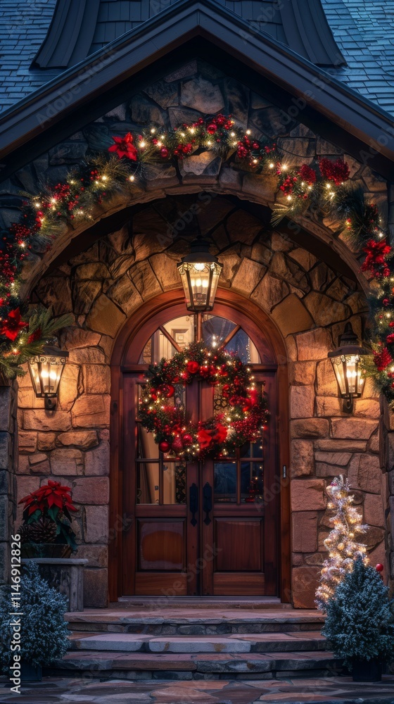 Obraz premium Stone house entrance adorned with Christmas wreaths and lights, creating a warm and festive holiday ambiance.