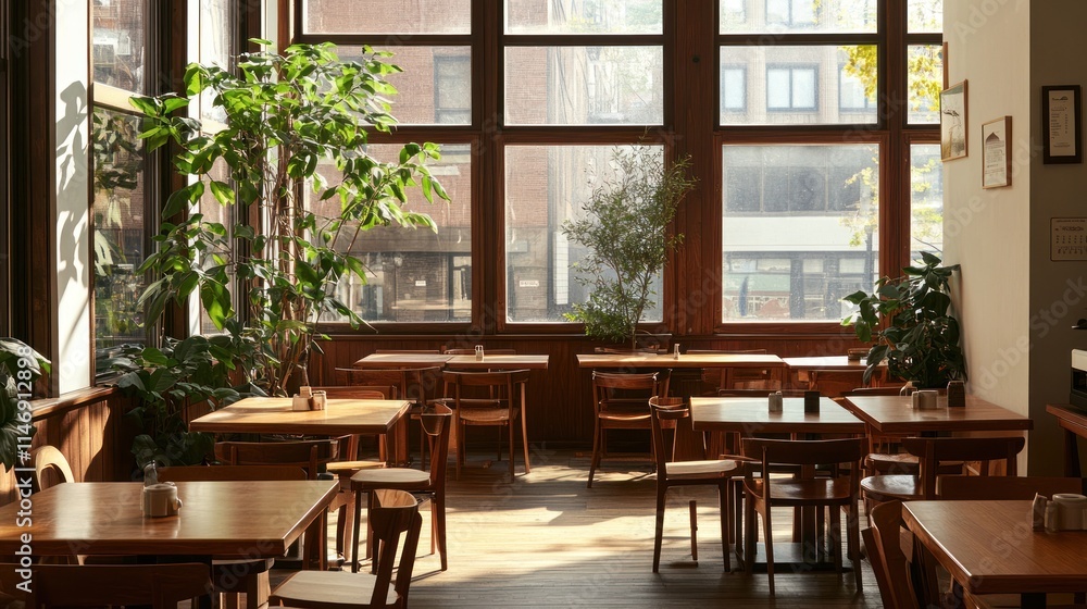 Fototapeta premium Sunlit cafe interior with wooden tables and chairs, plants.