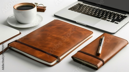 Wallpaper Mural Brown Leather Journals, Laptop, and Coffee: A Productive Workspace Torontodigital.ca